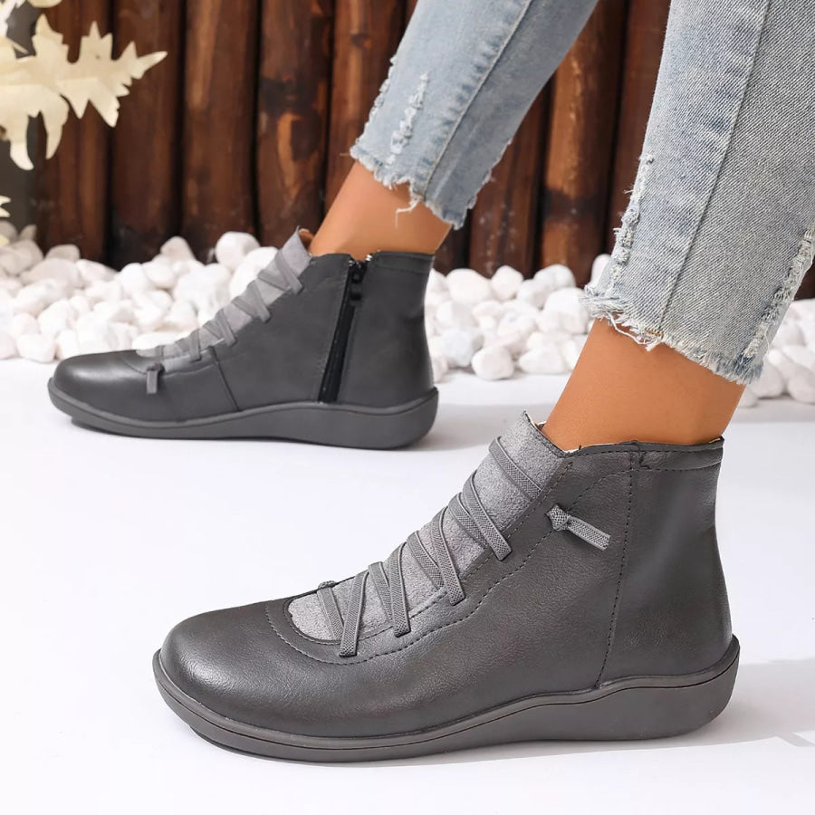 Lace-Up Faux Leather Ankle Boots Gray / 35 Apparel and Accessories