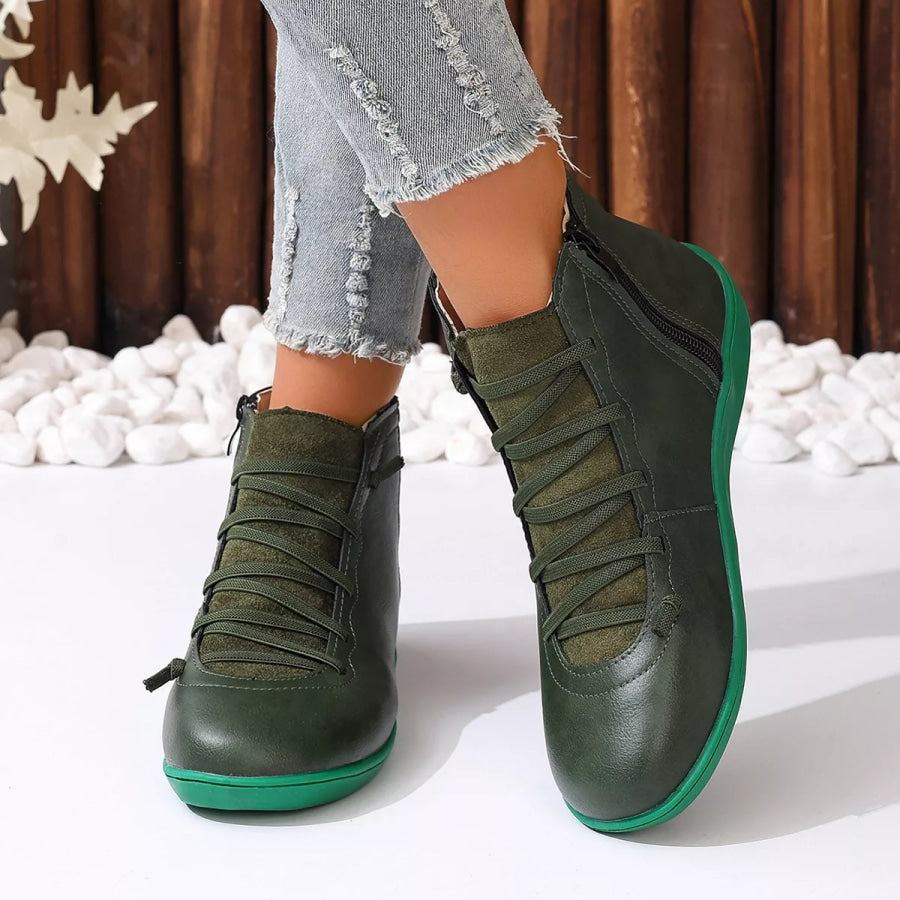 Lace-Up Faux Leather Ankle Boots Green / 35 Apparel and Accessories