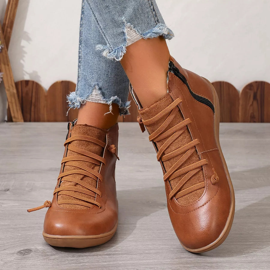 Lace-Up Faux Leather Ankle Boots Light Brown / 35 Apparel and Accessories