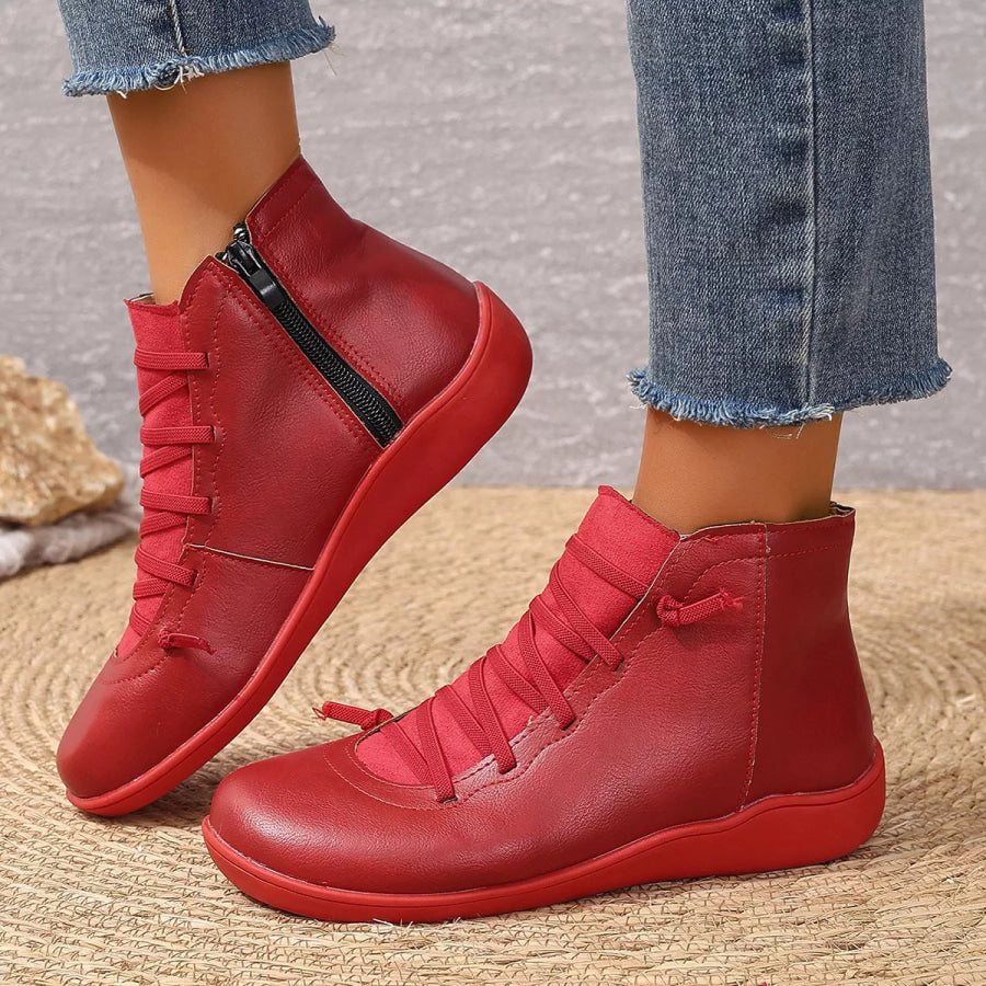 Lace-Up Faux Leather Ankle Boots Red / 35 Apparel and Accessories