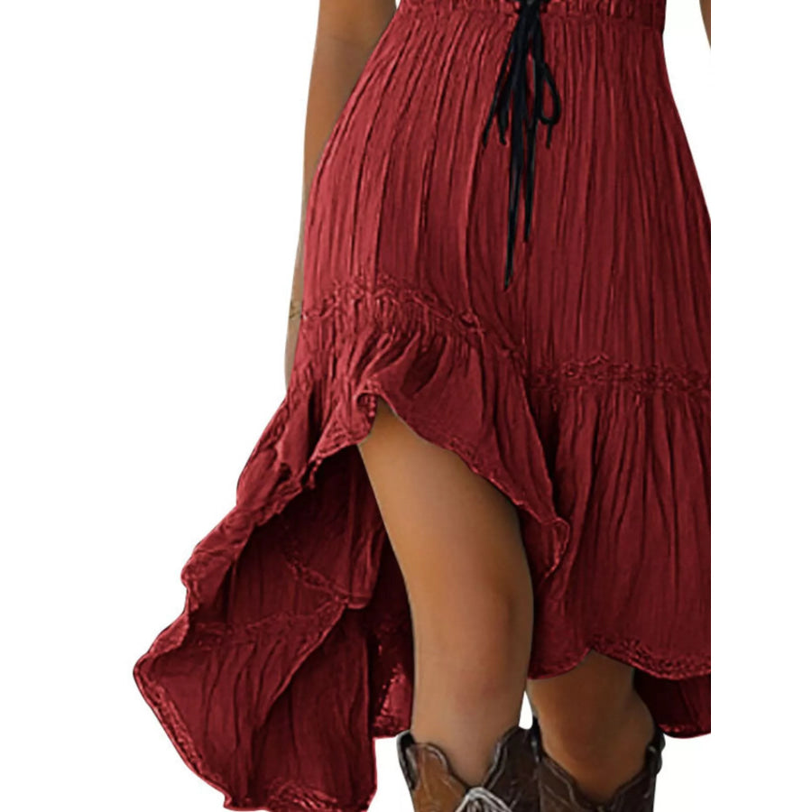 Lace-Up Front High-Low Ruffle Hem Dress Apparel and Accessories