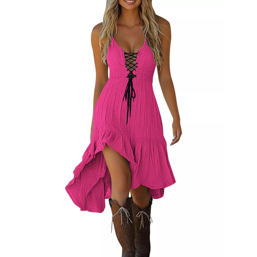 Lace-Up Front High-Low Ruffle Hem Dress Rose Red / S Apparel and Accessories