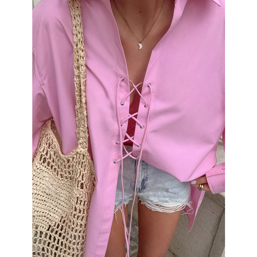 Lace-Up Front Oversized Shirt Apparel and Accessories