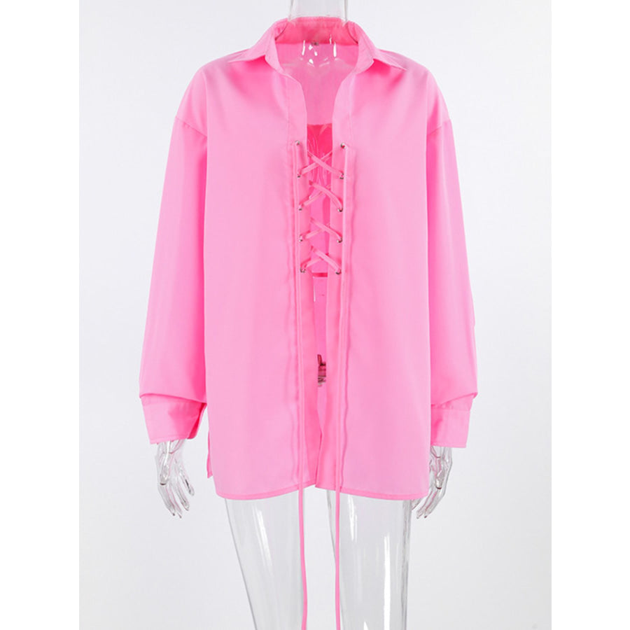 Lace-Up Front Oversized Shirt Apparel and Accessories