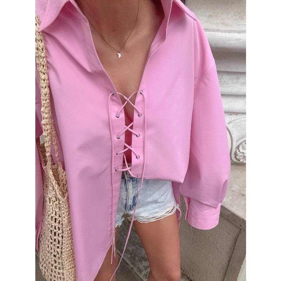 Lace-Up Front Oversized Shirt Pink / S Apparel and Accessories