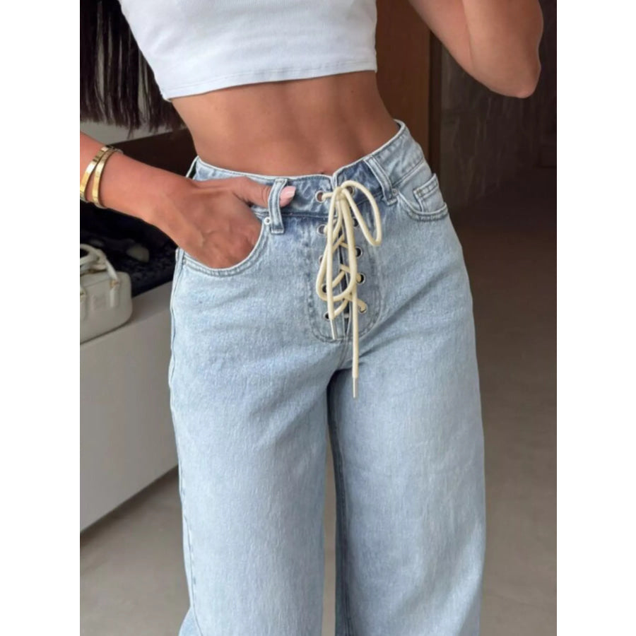 Lace-Up High-Waisted Wide Leg Jeans Apparel and Accessories