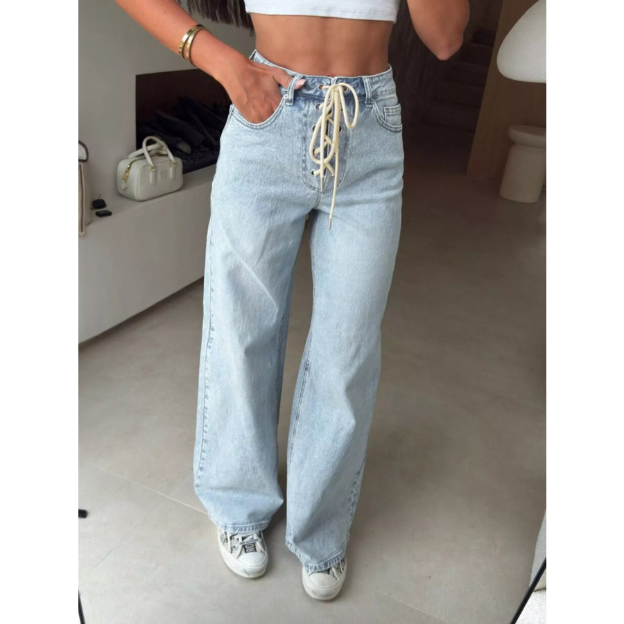 Lace-Up High-Waisted Wide Leg Jeans Apparel and Accessories
