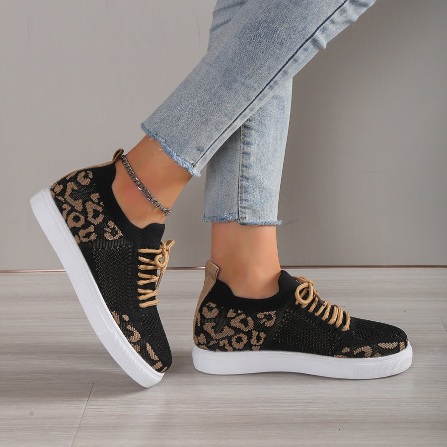 Lace - Up Leopard Flat Sneakers Black / 36(US5) Apparel and Accessories