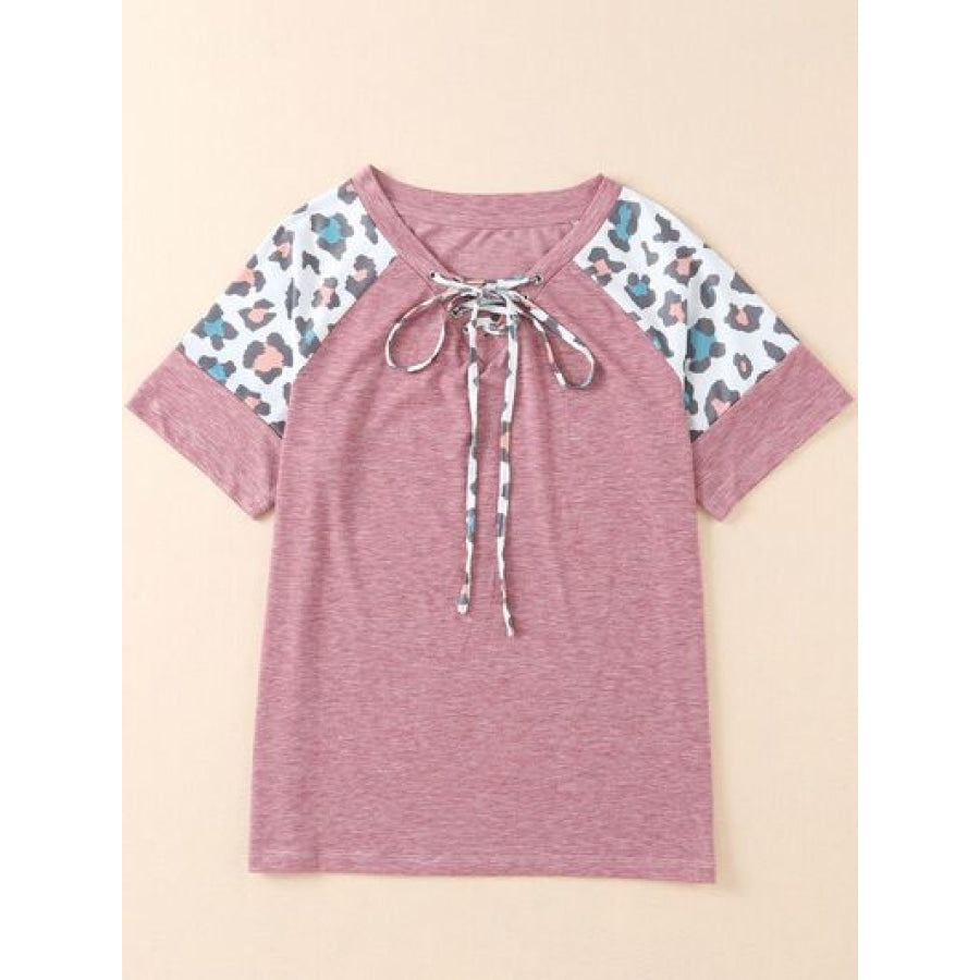 Lace-Up Leopard Short Sleeve T-Shirt Moonlit Mauve / S Apparel and Accessories