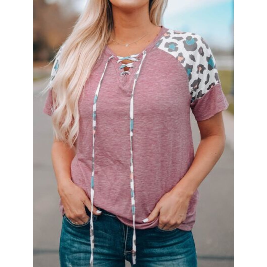 Lace-Up Leopard Short Sleeve T-Shirt Moonlit Mauve / S Apparel and Accessories