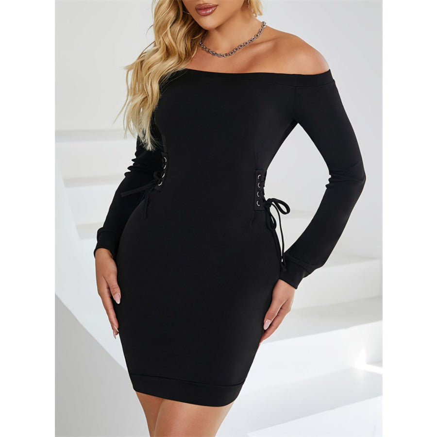 Lace-Up Off Shoulder Long Sleeve Mini Dress Black / S Apparel and Accessories