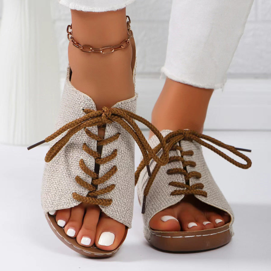 Lace-Up Open Toe Wedge Sandals Beige / 36(US5) Apparel and Accessories