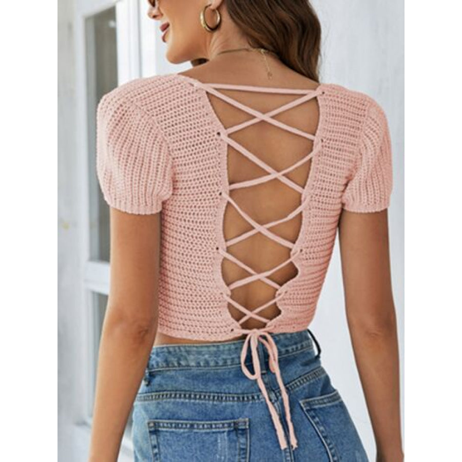 Lace - Up Openwork Square Neck Sweater Apparel and Accessories