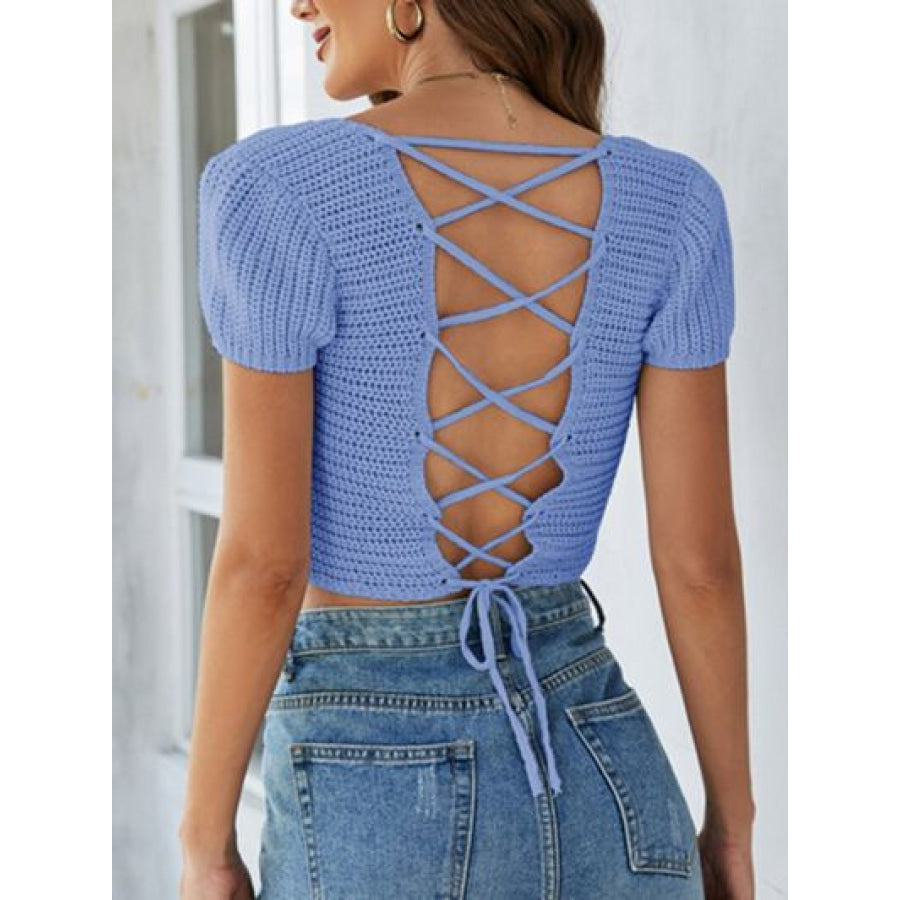 Lace - Up Openwork Square Neck Sweater Apparel and Accessories