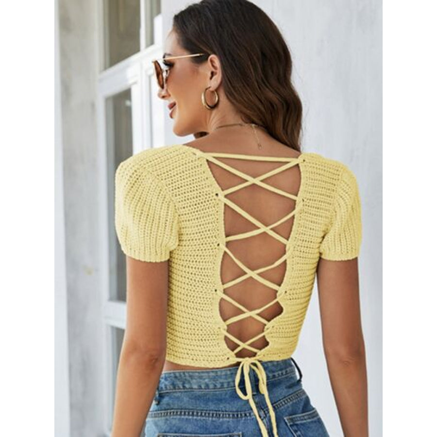 Lace - Up Openwork Square Neck Sweater Apparel and Accessories