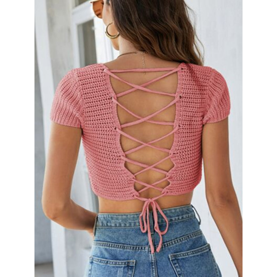 Lace - Up Openwork Square Neck Sweater Apparel and Accessories