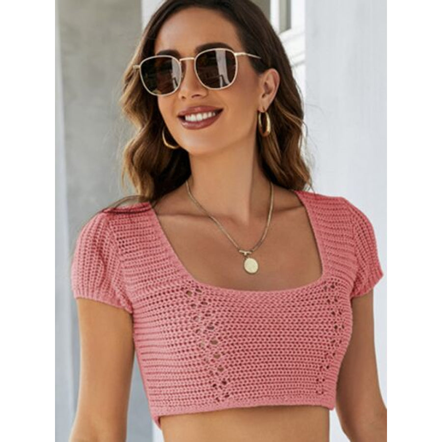 Lace - Up Openwork Square Neck Sweater Apparel and Accessories