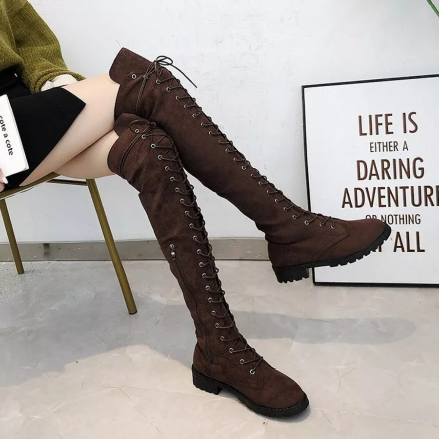 Lace-Up Over-the-Knee Boots Dark Brown / 34 Apparel and Accessories
