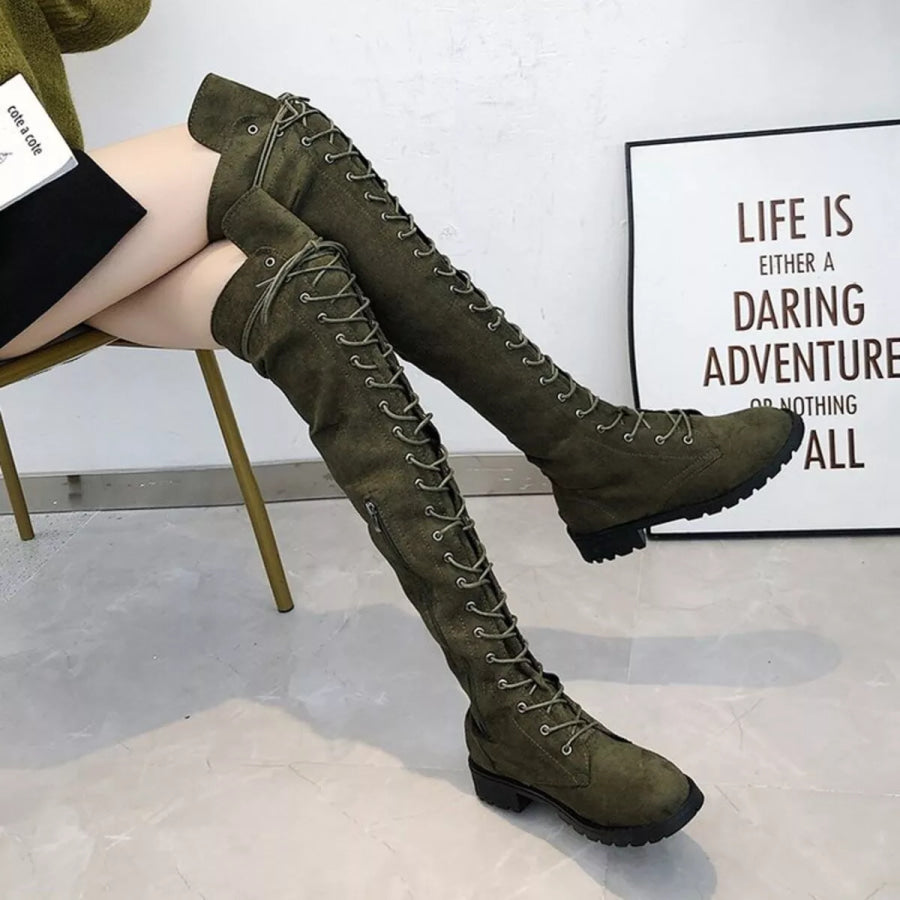 Lace-Up Over-the-Knee Boots Green / 34 Apparel and Accessories