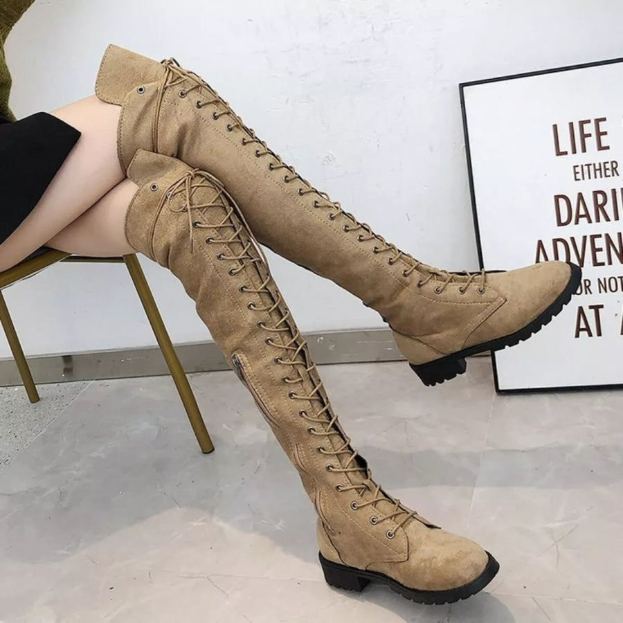 Lace-Up Over-the-Knee Boots Khaki / 34 Apparel and Accessories