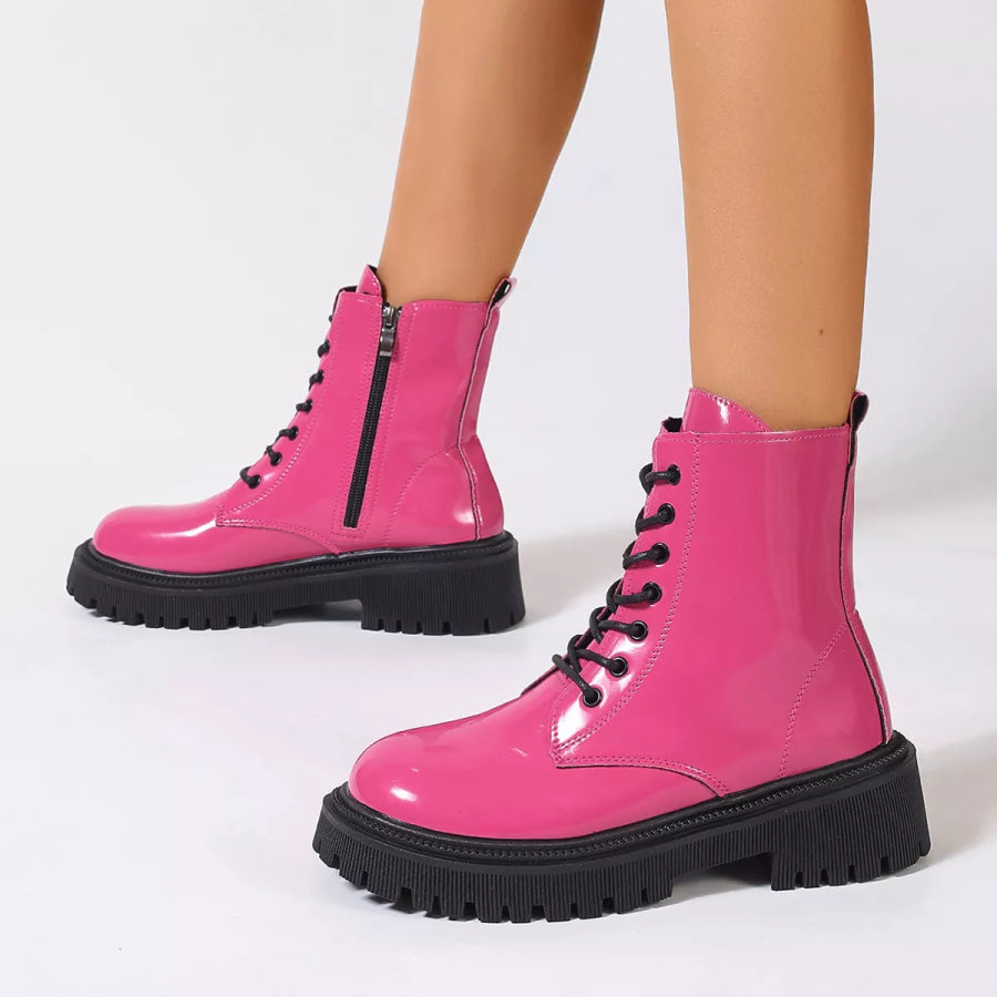 Lace-Up Platform Combat Boots Fuchsia Pink / 35 Apparel and Accessories