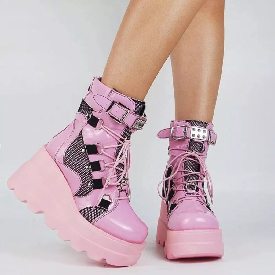 Lace Up Platform Wedge Boots Pink / 35 Apparel and Accessories
