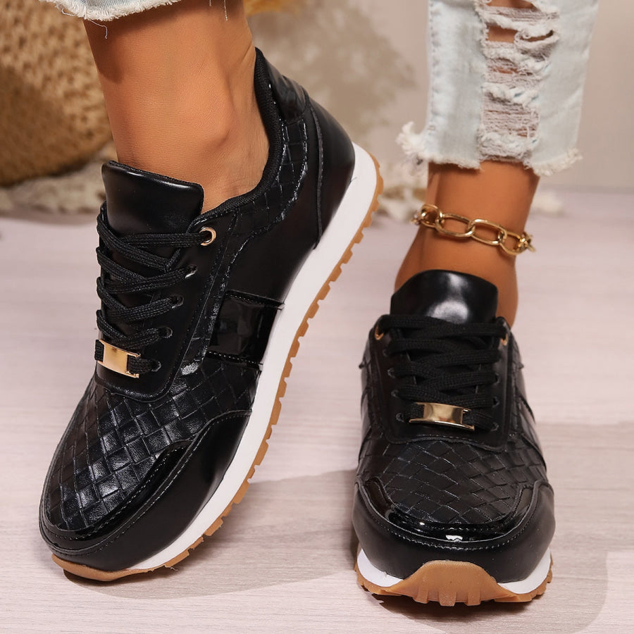 Lace-Up PU Leather Sneakers Black / 36(US5) Apparel and Accessories