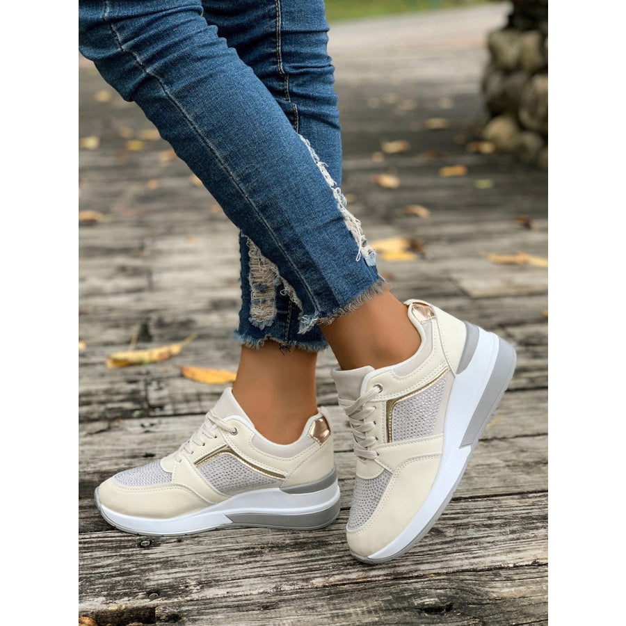 Lace-Up Rhinestone Wedge Sneakers Beige / 36(US5) Apparel and Accessories