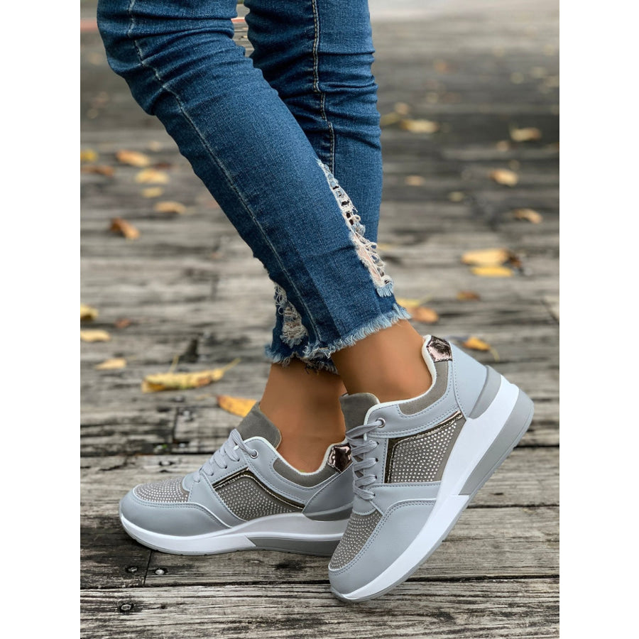 Lace-Up Rhinestone Wedge Sneakers Light Gray / 36(US5) Apparel and Accessories