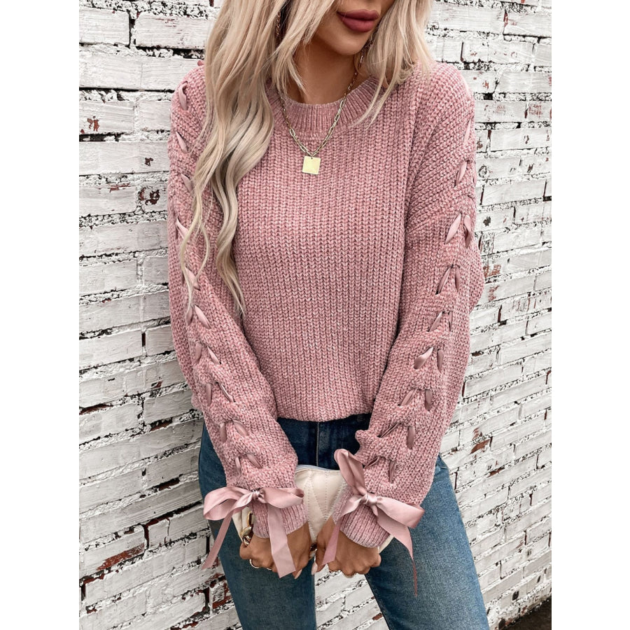 Lace Up Round Neck Long Sleeve Sweater Apparel and Accessories