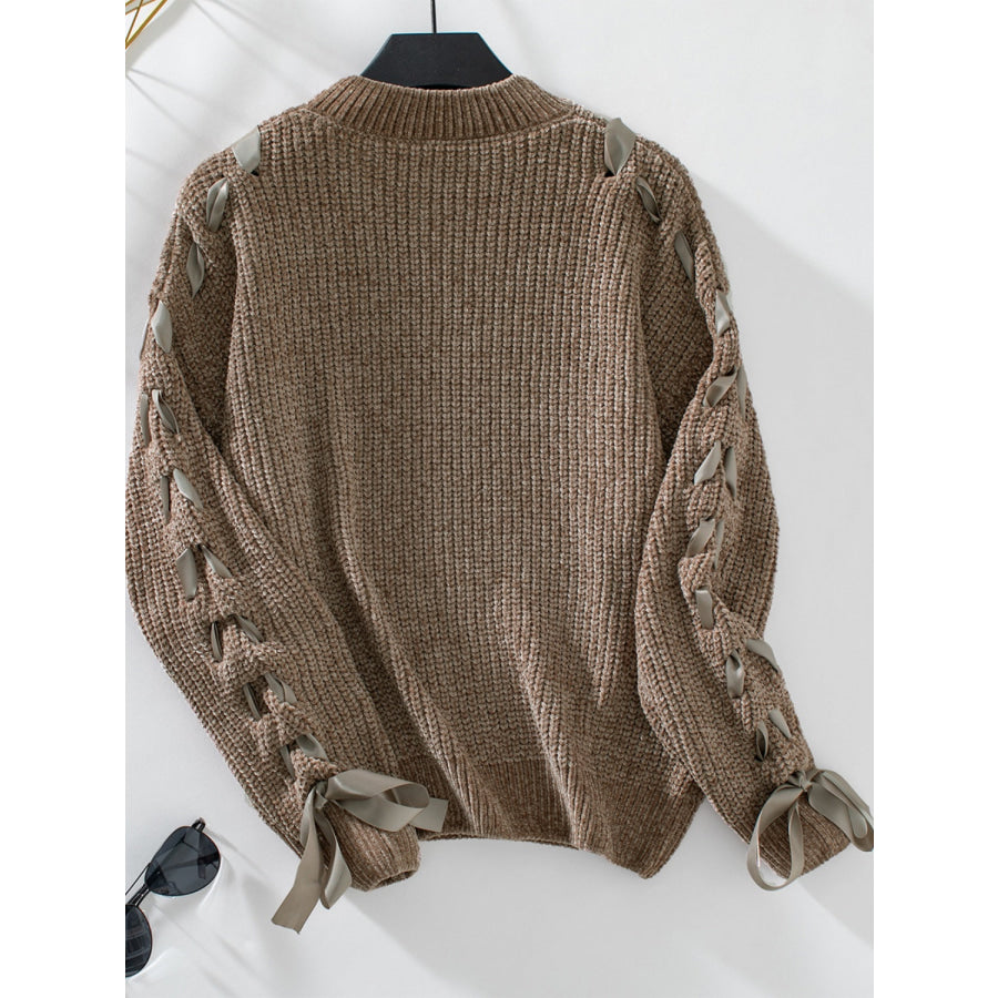 Lace Up Round Neck Long Sleeve Sweater Apparel and Accessories