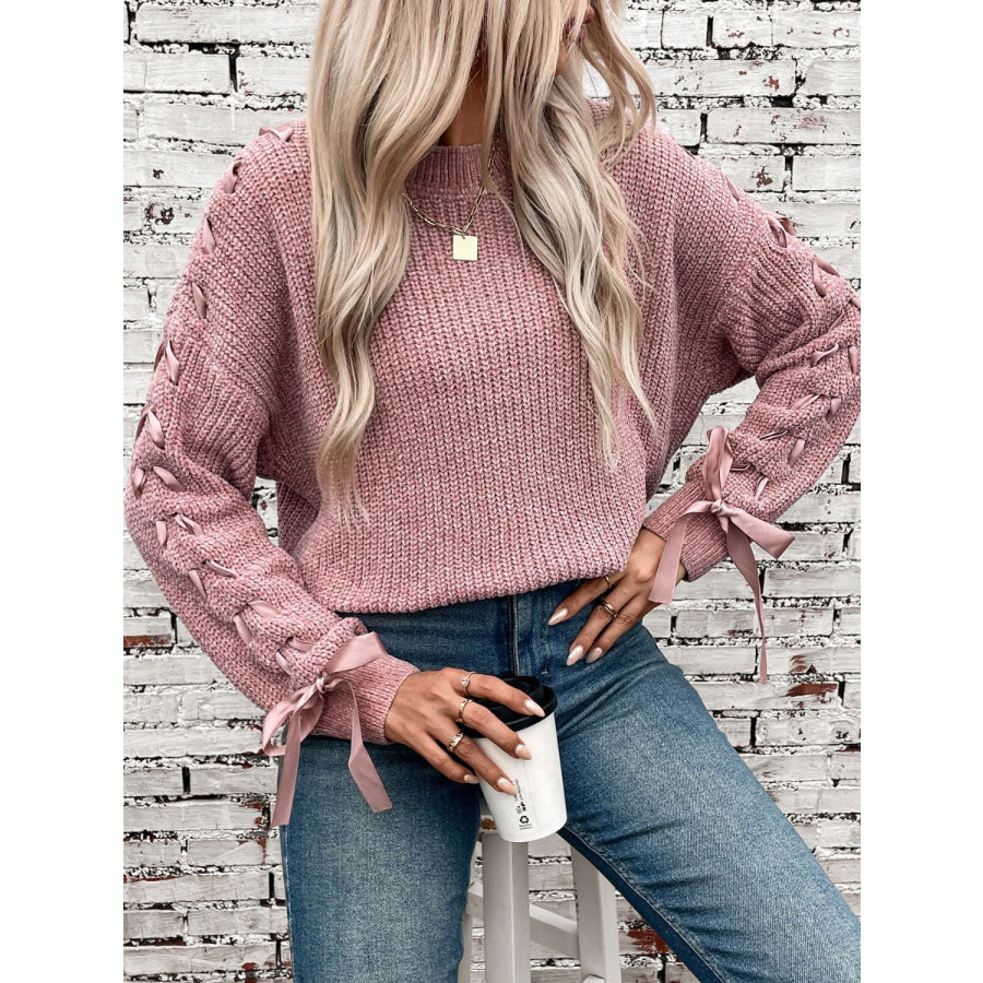 Lace Up Round Neck Long Sleeve Sweater Apparel and Accessories