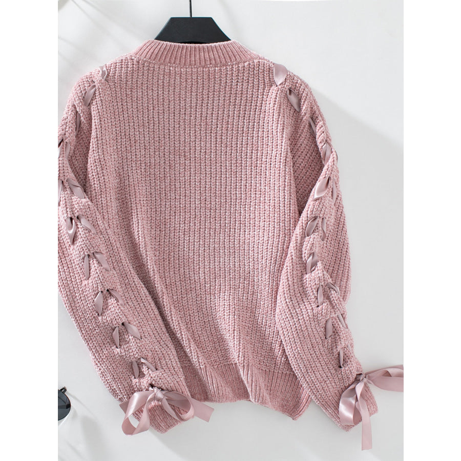 Lace Up Round Neck Long Sleeve Sweater Apparel and Accessories