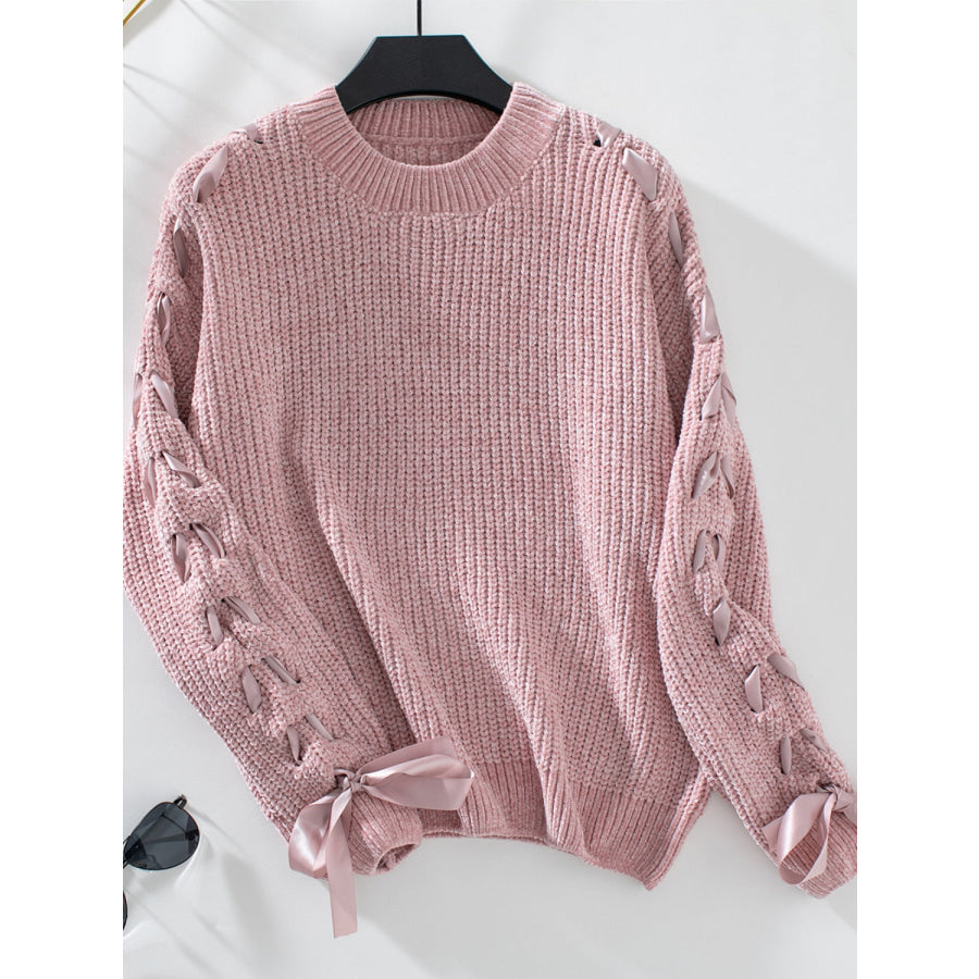 Lace Up Round Neck Long Sleeve Sweater Apparel and Accessories