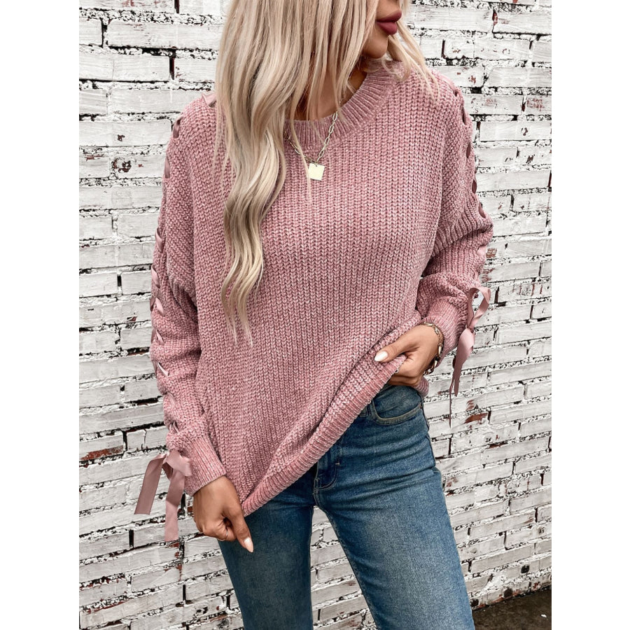 Lace Up Round Neck Long Sleeve Sweater Dusty Pink / S Apparel and Accessories