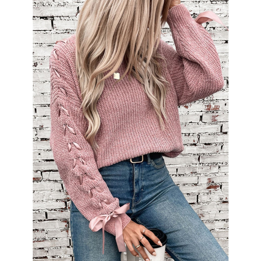 Lace Up Round Neck Long Sleeve Sweater Apparel and Accessories