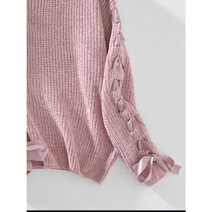 Lace Up Round Neck Long Sleeve Sweater Apparel and Accessories