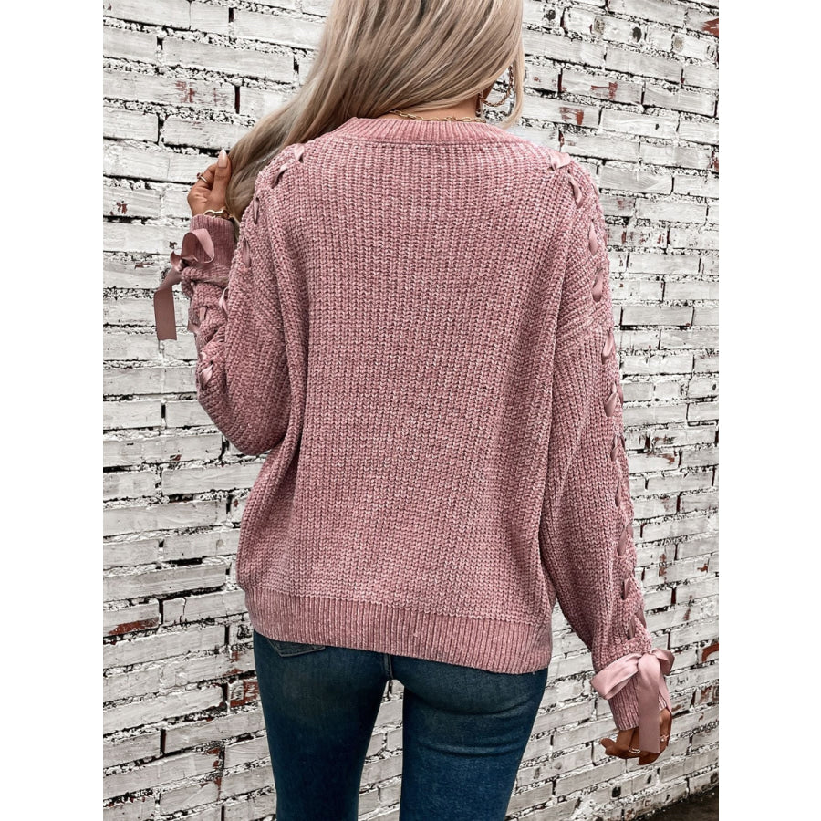 Lace Up Round Neck Long Sleeve Sweater Apparel and Accessories