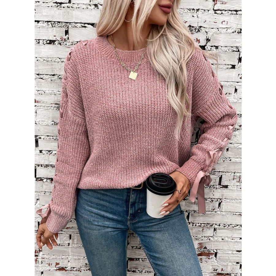 Lace Up Round Neck Long Sleeve Sweater Dusty Pink / S Apparel and Accessories