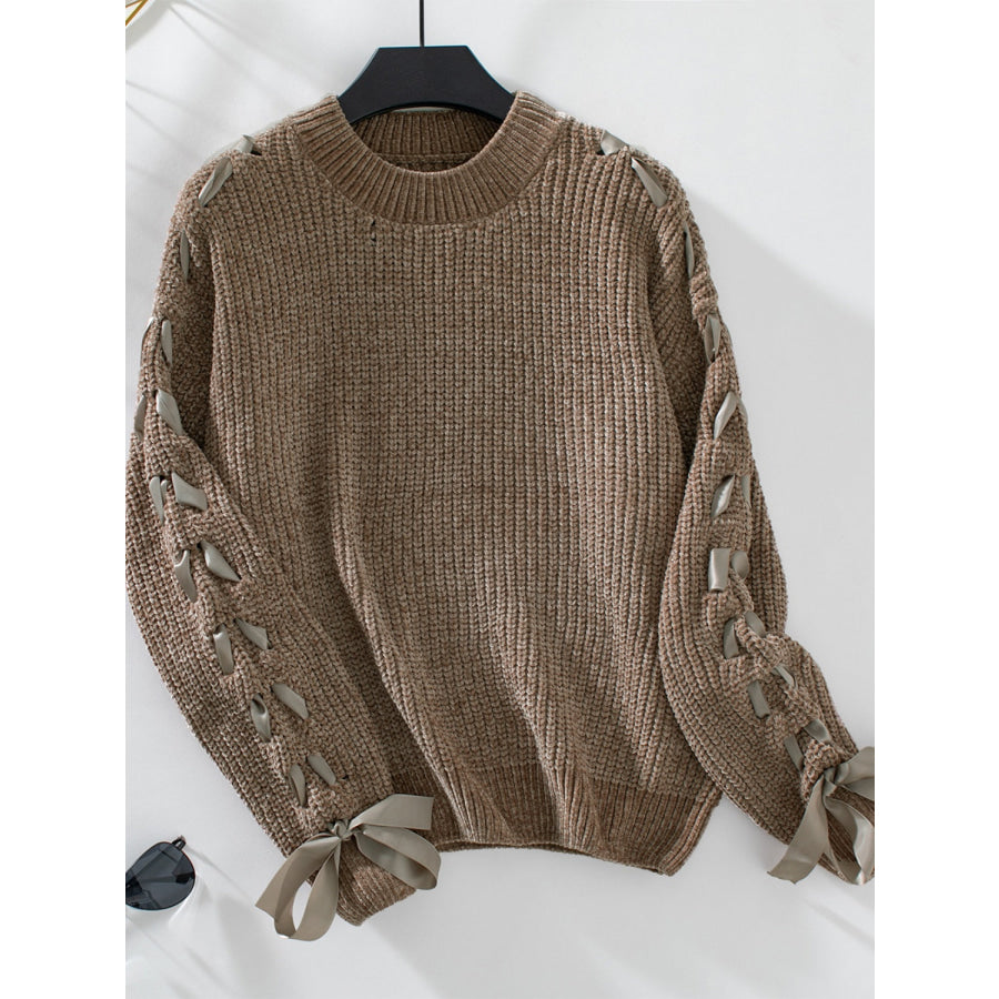 Lace Up Round Neck Long Sleeve Sweater Taupe / S Apparel and Accessories