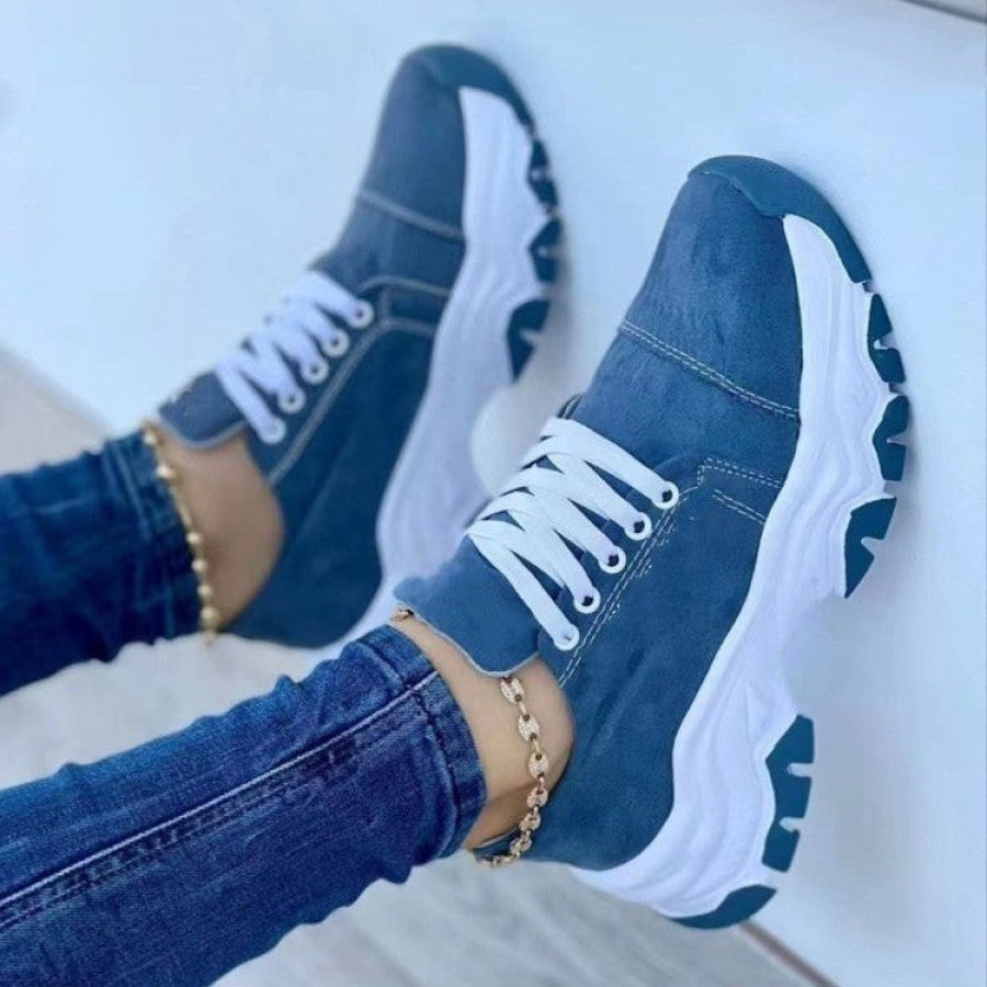 Lace-Up Round Neck Platform Sneakers Blue / 36(US5) Apparel and Accessories