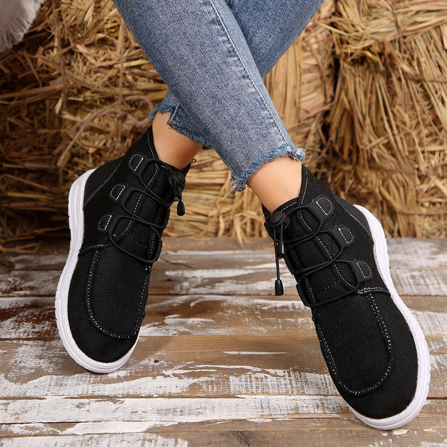 Lace-Up Round Toe Flat Sneakers Black / 36(US5) Apparel and Accessories