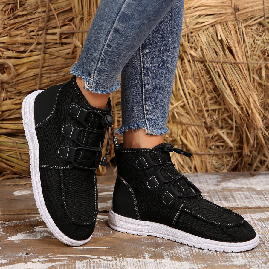 Lace-Up Round Toe Flat Sneakers Black / 36(US5) Apparel and Accessories