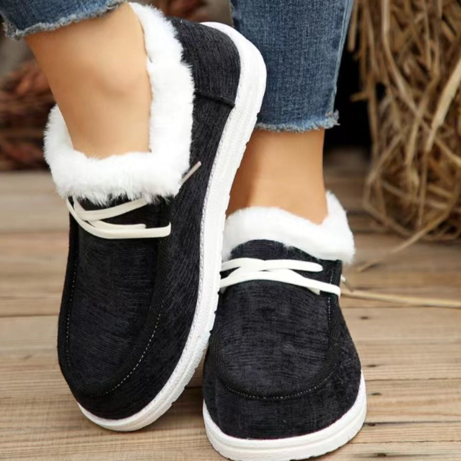 Lace Up Round Toe Furry Sneakers Black / 36(US5) Apparel and Accessories