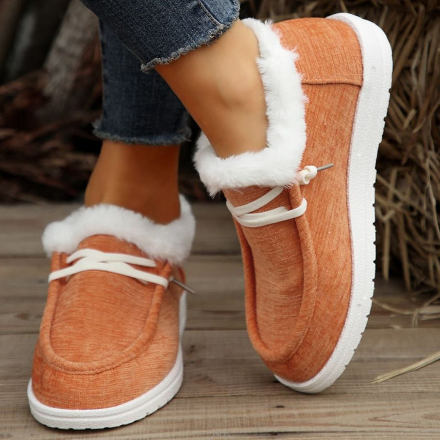 Lace Up Round Toe Furry Sneakers Tangerine / 36(US5) Apparel and Accessories