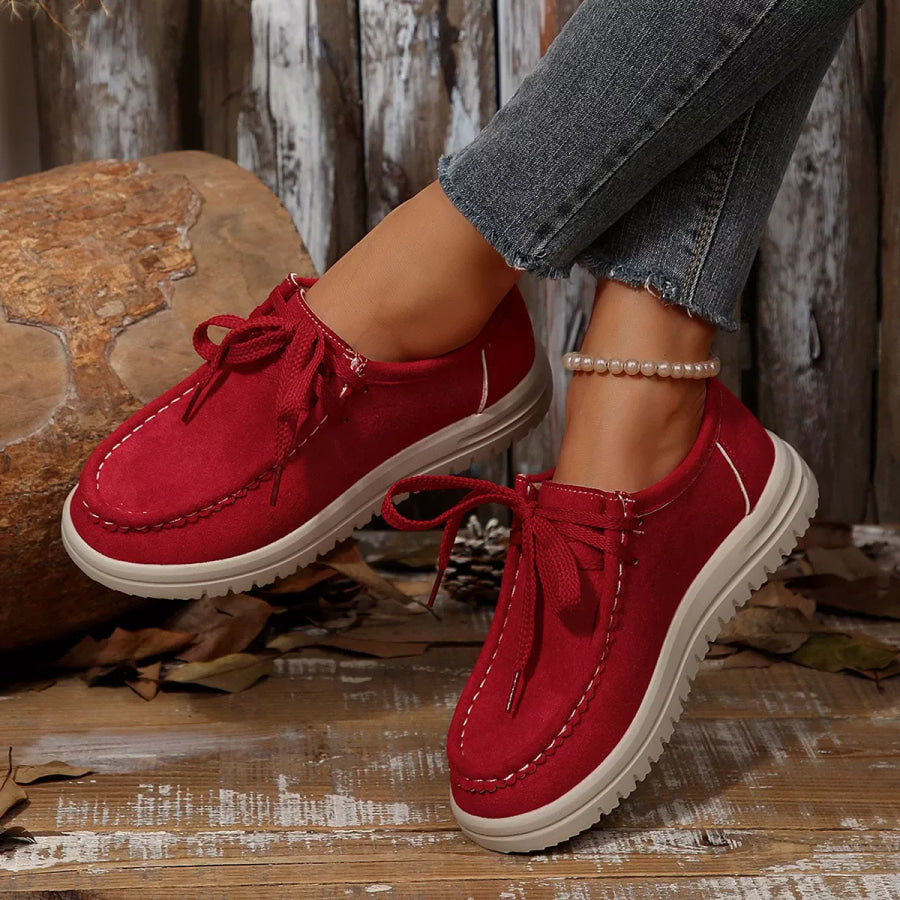 Lace-Up Round Toe Loafers Wine Red / 36 Apparel and Accessories