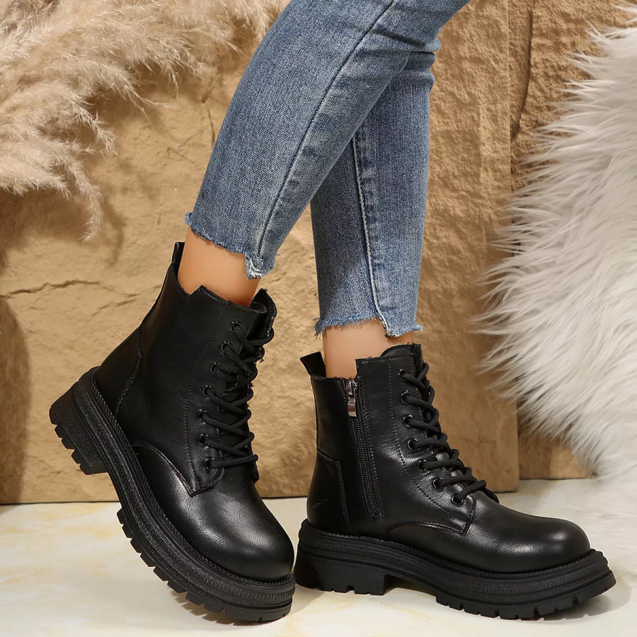 Lace Up Round Toe Platform Boots Black / 36 Apparel and Accessories