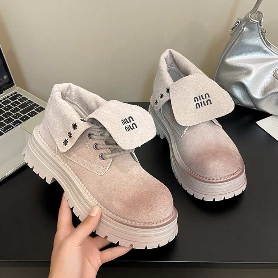 Lace Up Round Toe Platform Boots Light Gray / 35(US4) Apparel and Accessories