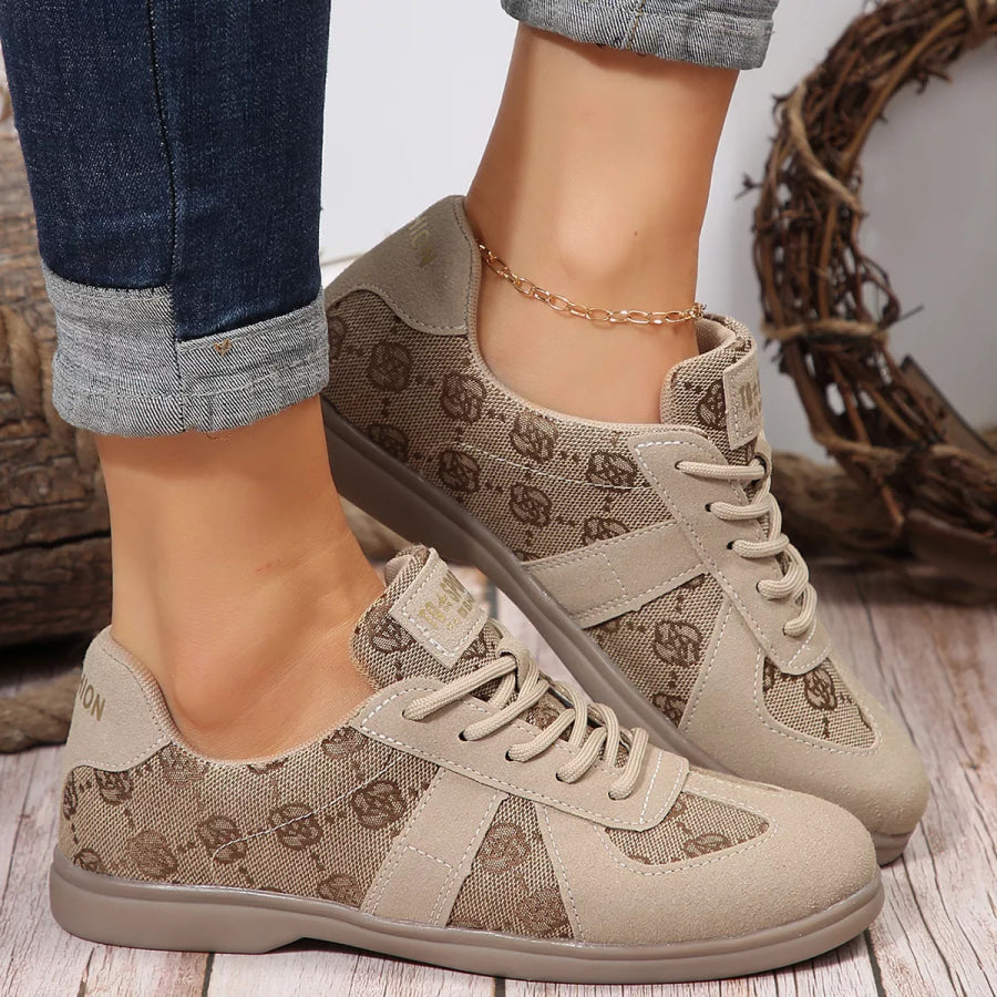 Lace Up Round Toe Sneakers Khaki / 35 Apparel and Accessories