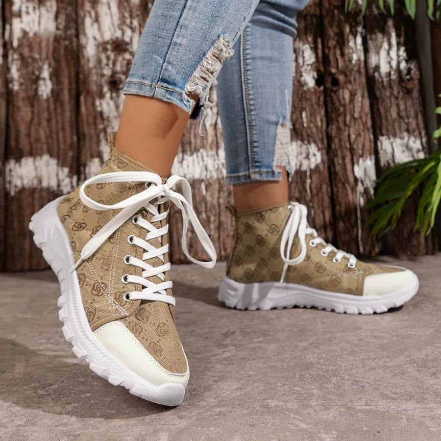 Lace Up Round Toe Sneakers Khaki / 36 Apparel and Accessories